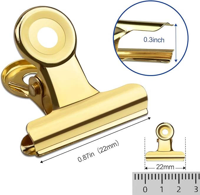 30 Pack Small Bull Clips 0.87 Inch Mini Metal Hinge Clips Binder Paper Hinge Clip for Office, Home, School, Shops, Gold, 22mm
