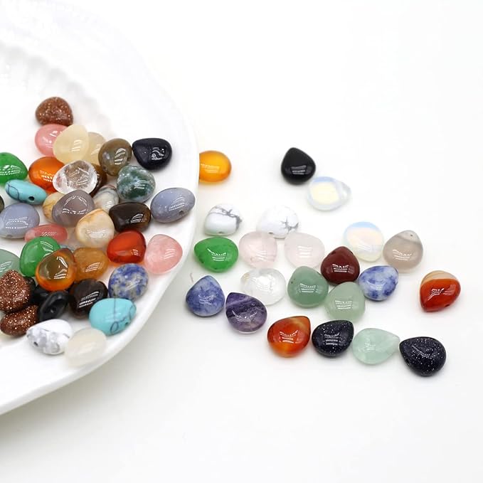 LE SKY 50 Pcs Natural Stone Beads Waterdrop Shape Healing Chakra Polished Assorted Crystal Quartz Agate Stone Charms for Jewelry Making Necklace Bracelet