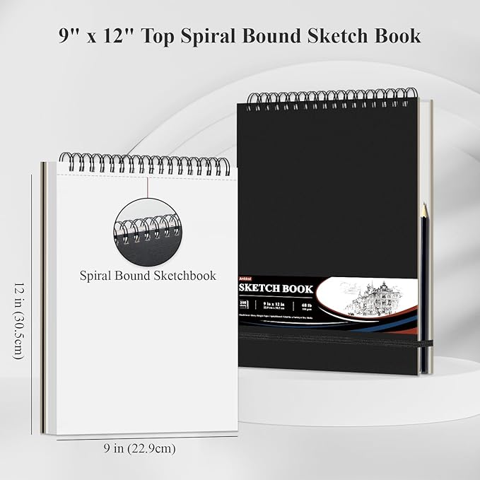 9" x 12" Sketch Book, Top Spiral Sketchbook Hardcover, 68lb (100gsm) Drawing Paper Pad & Sketch Paper, 1-Pack Sketch Pads for Drawing for Adults, Professional Art Supplies for Teens & Artist Gifts.