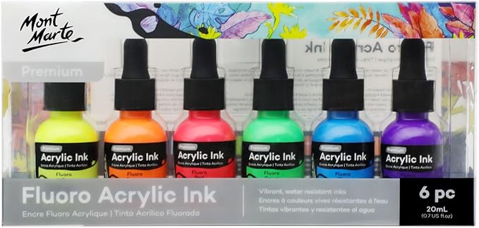 Mont Marte Acrylic Ink Premium 6pc x 20ml (0.7 US fl.oz), Acrylic Inks for Artists, Fluoro Colors, Ideal for Air Brush, Pouring Art, Scrapbooking, Ink Drawing, Mixed Media