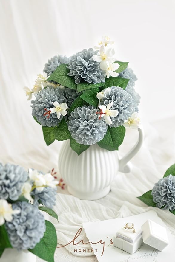 Ling's moment Dusty Blue Dahlia Foam Artificial Flowers Real Touch Faux Fake Flower for Home Decor Graduation Baby Shower Decorations Outdoors Party Favors Wedding Centerpieces Arrangements 25pcs