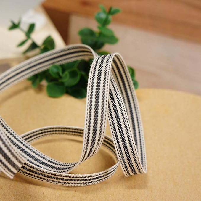 CT CRAFT LLC Ivory Cotton Black Stripes Ribbon 3/8" x 10 Yards for Home Décor Gift Present Wrapping DIY Crafts Birthday Wedding Bouquet Christmas