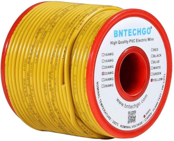 BNTECHGO 22 Gauge PVC 1007 Solid Electric Wire Yellow 100 ft 22 AWG 1007 Hook Up Tinned Copper Wire