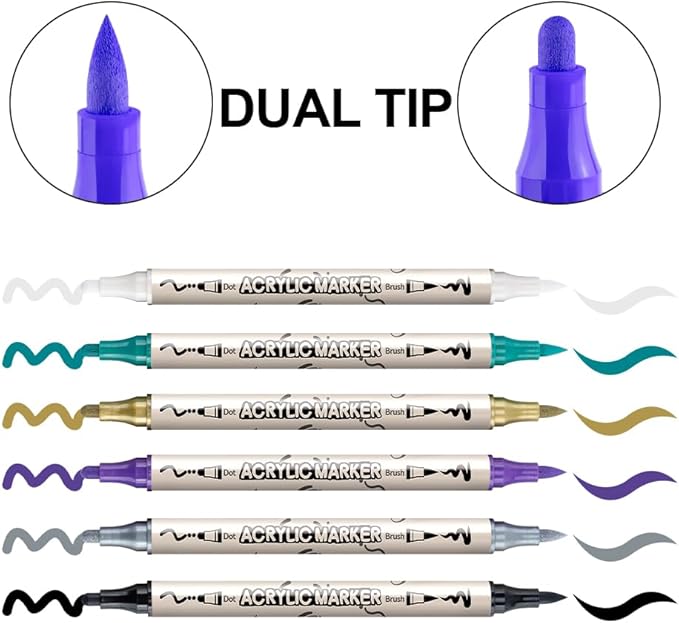 TRANSON 36 Colors Bold and Brush Dual-tip Acrylic Paint Marker Pen Set for Canvas Rock Wood Leather Ceramic DIY Painting