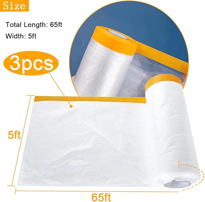 3 Pack Protective Masking Film with Tape 5 x 65 Ft Car Painters Plastic Sheeting Roll Tape and Drape Masking Film for Automotive Painting Covering Frames, Furniture, Auto Body