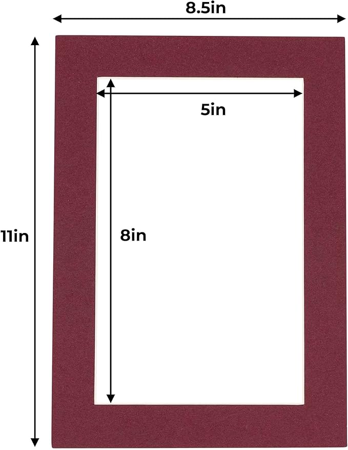 5.5x8.5 Mat for 8.5x11 Frame - Precut Mat Board Acid-Free Maroon 5.5x8.5 Photo Matte For a 8.5x11 Picture Frame, Premium Matboard for Family Photos, Show Kits, Art, Picture Framing, Pack of 10 Mats