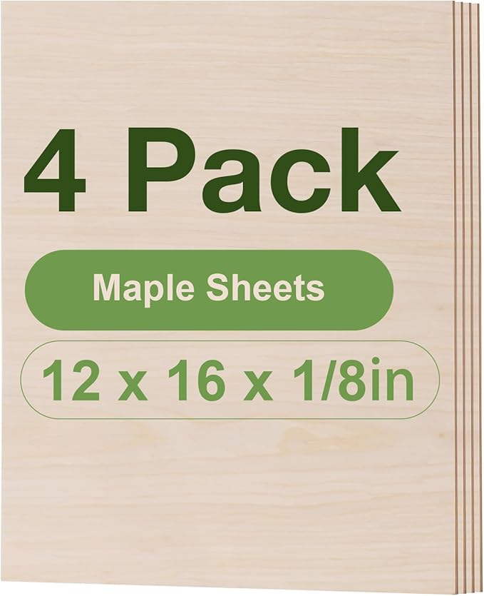 4 Pack Maple Plywood Sheets, 12 x 16 x 1/8 Inch, 3mm Plywood for Laser Cutting, Thin Unfinished Wood Sheets for Architectural Models, Wood Burning and DIY Wood Crafts
