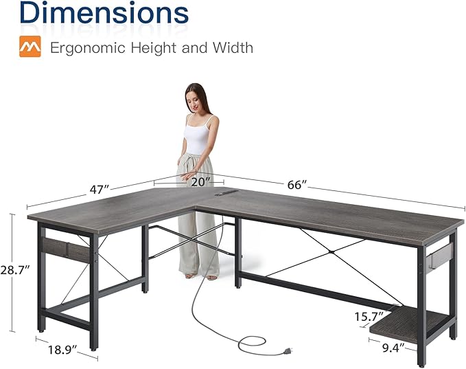 Coleshome 66" L Shaped Gaming Desk with Outlet, L Shaped Desk with CPU Stand, Corner Computer Desk, Home Office Desk, Writing Desk, Grey Oak