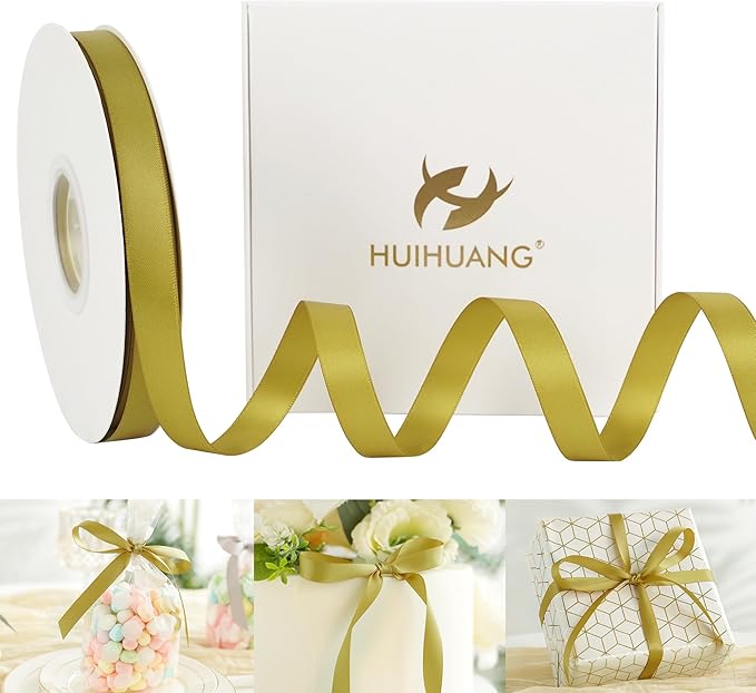 HUIHUANG Gold Satin Ribbon 1/2 inch X 50 Yards Continuous, Golden Double-Faced Satin Ribbon for Gift Wrapping, Bows, DIY Crafts, Flower Bouquet, Wedding Bridal Shower Decor, Hairs