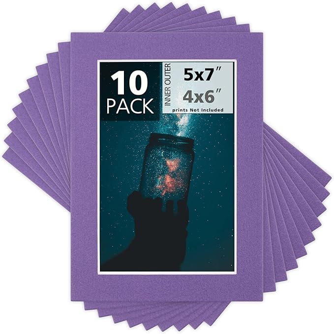 Mat Board Center, Pack of 10, 5x7 for 4x6 Color Mats - Bevel Cut, Acid Free, 4-ply Thickness, White Core - for Pictures, Photos, Framing, African Violet Color