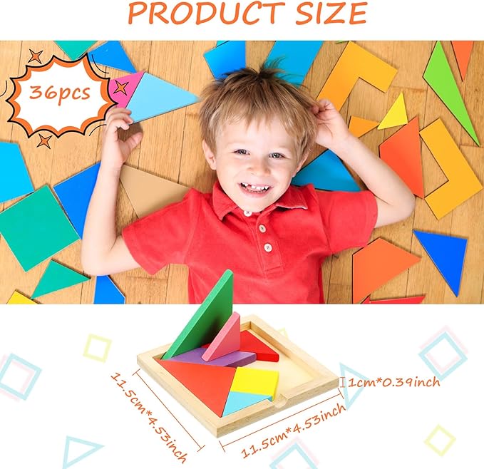 Shappy 36 Pieces Wooden Tangram Puzzles for Kids Educational Shape Puzzle Toys Geometric Pattern Brain Logic Puzzle Blocks for Students Educational Activities Back to School Gifts(Novelty Style)