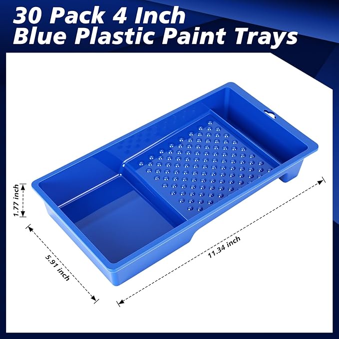 Ripeng 30 Pack 4 Inch Paint Tray Bulk Plastic Paint Roller Tray Small Painting Pan with Deep Pocket and Textured Ridge Reusable Trays Suitable for 4" Painting Rollers for Home Wall Decor(Blue)