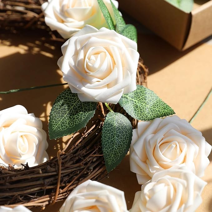 AmyHomie Artificial Flowers Champagne Rose 50pcs Real Looking Fake Roses w/Stem for DIY Wedding Bouquets Centerpieces Arrangements Party Baby Shower Home Decorations