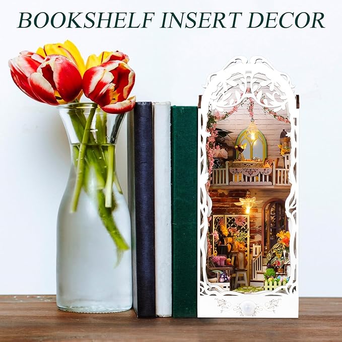 TuKIIE DIY Book Nook Miniature Kit, Booknook Dollhouse Bookshelf Insert with Sensor Light & Dust Proof, Wooden Decorative Bookend Stand Model Kits for Kids Teens Adults(Flower House)
