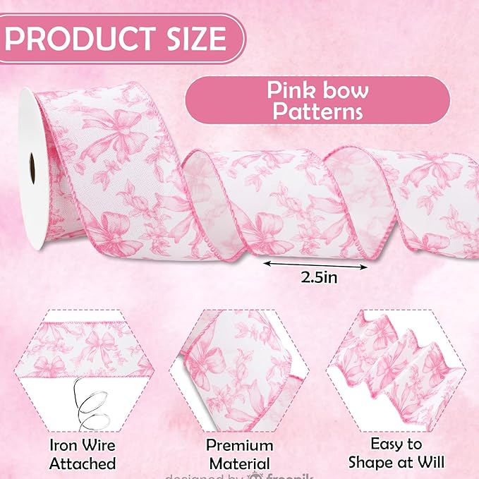 Pink Floral Bow Wired Edge Ribbon Chinoiserie Flower Bowknot Fabric Ribbon for DIY Crafts Wreath Bow Making Supplies, 12 Yard