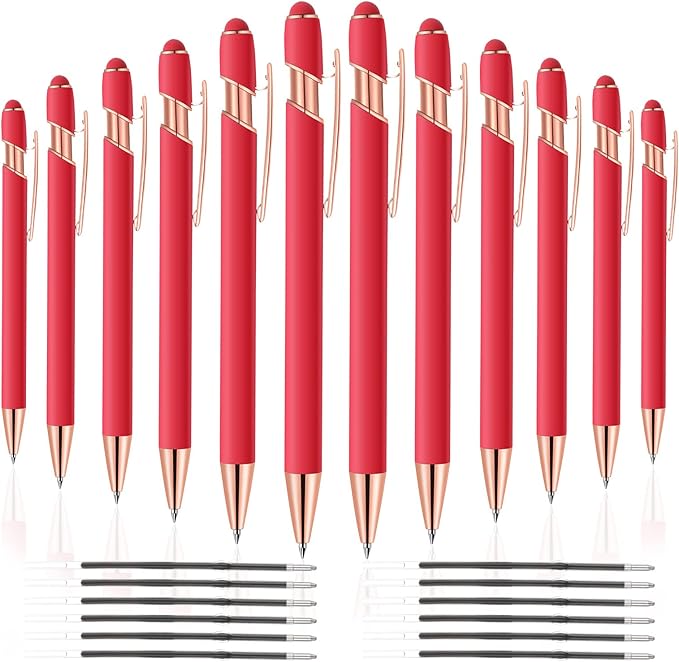 12 PCS 2 in 1 Stylus Ballpoint Pen with Stylus Tip, 1.0 mm Black Ink Metal Pen Stylus Pen for Touch Screens (All Red)