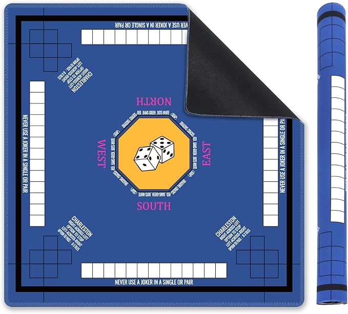 Mahjong Mat for Table 31.5''x31.5'', Non-Slip Mahjong Cloth Cover with Game Rules, Mahjong Tablecloth for Poker, Board Games Table Mat, Card Games, Tile Games, Dominoes (Blue)