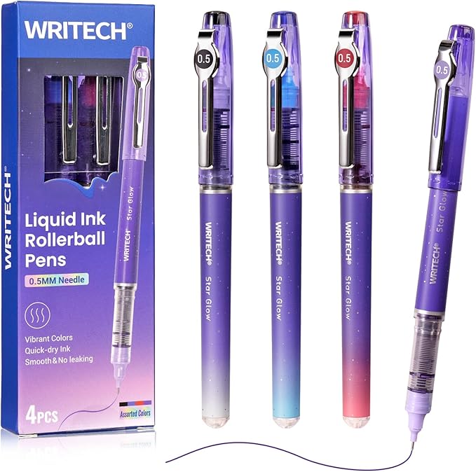 WRITECH Liquid Ink Rollerball Pens: 0.5mm Assorted Color Ink Fine Point Tip Rolling Roller Ball Pen Multicolor No Bleed & Smudge for Journaling Smooth Writing Drawing 4ct