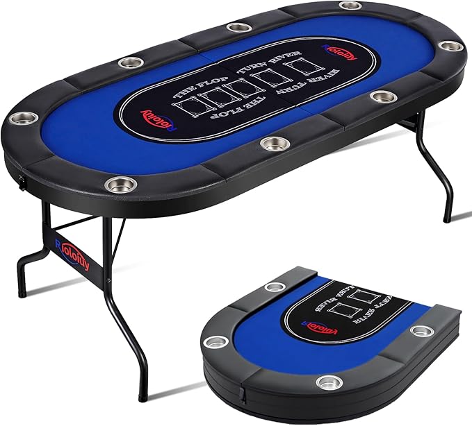 8 Player Poker Table Foldable, Texas Holdem Casino Table with Padded Rails & Cup Holders, Portable Folding Game Table for Home or Game Room, 71 Inch