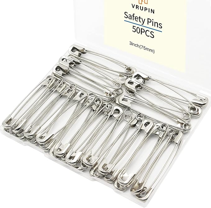 vrupin 50PCS Safety Pins, 3Inch/76mm Safety Pins Metal Nickel Plated Steel Sewing Accessories Kit for Baby Clothing, Crafts & Arts