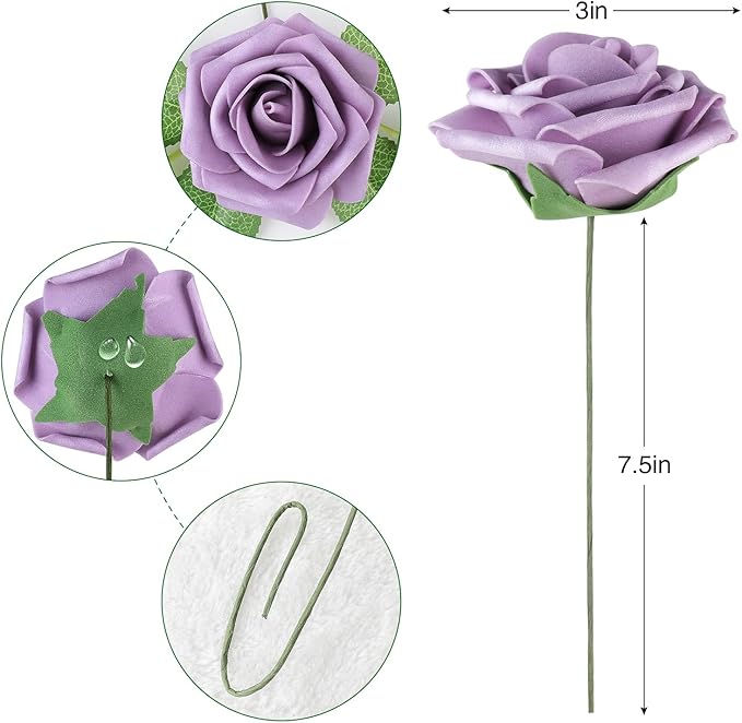AmyHomie 25pcs Real Looking Artificial Pale Lavender Roses w/Stem for DIY Wedding Bouquets Centerpieces Arrangements Party Baby Shower Home Decorations