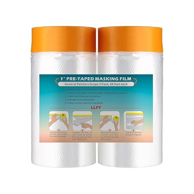 LLPT Tape and Drape 35.4”(Unfolded) x 66 Ft Each 2 Pack Pre-Taped Masking Film 0.27 Mil Painters Plastic Drop Cloth for Auto Wall Furniture Painting Protection (MFT902)
