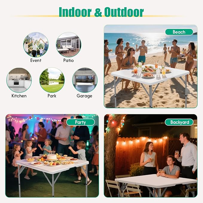 HLPB 34'' Square Folding Card Table, Fold-in-Half Portable Dining Table with Handle and Safety Lock, Foldable Plastic Dining Table Indoor Outdoor for Camping, Picnic and Party Event, White