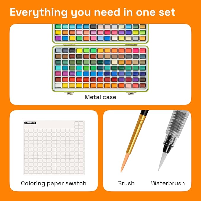 ARTISTRO Watercolor Paint Set 160 Colors - Vivid, Metallic & Neon, Portable Travel Set for Kids & Adults