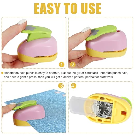 6 Pcs Colorful Craft Hole Punch with 10 Glitter Cardstock Papers, Decorative Scrapbook Paper Puncher Set, Different Shape Paper Hole Puncher Set for Office Supplies (6 Pcs- Different Shapes)