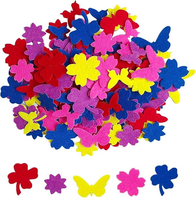 Felt Stickers, Self Adhesive Flower Butterfly Clover Assorted Shapes, Greeting Cards Decorative Stickers with Assorted Colors and Sizes Packing for Kid's Arts Craft Supplies