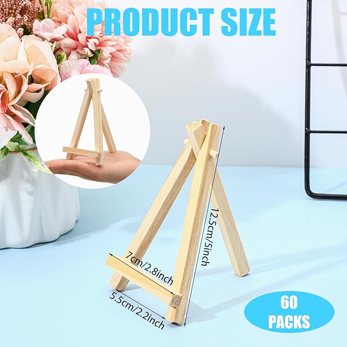 60 Pack 5 Inch Wood Mini Easel, Art Craft Painting Small Display Easel Natural Wooden Tripod Holder Stand, A-Shaped Mini Wood Easels for Display Small Canvases Cards Photos DIY Crafts