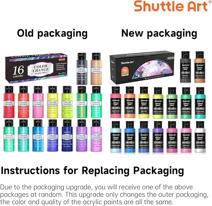 Shuttle Art Color Change Acrylic Paint Set, 16 Colors Chameleon Colors Acrylic Paint in Bottles (60ml/2oz), Non-Toxic for Artists, Beginners and Kids on Rocks, Crafts, Canvas, Wood, Fabric, Ceramic