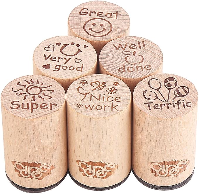 DECORA 6pcs Round Wood Rubber Stamp for School Teachers English Toy Stamp Au116s1p1us1