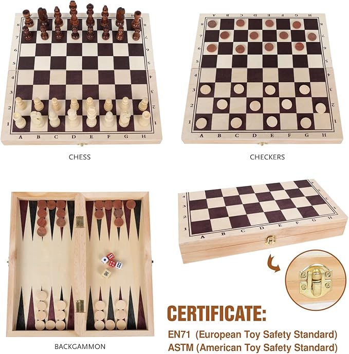 GOTHINK Wooden Chess, Checker, and Backgammon 3 in 1 Board Game Set,Classic Traditional Travel Night Toy and Game Gift Set for Kids Adults Senior Family