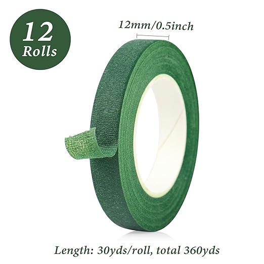 BOMEI PACK Dark Green Floral Tape 12 Rolls 1/2 inch x 30yds for Fixing, Decorating Flower Bouquets, and Bouquet Wrapping.