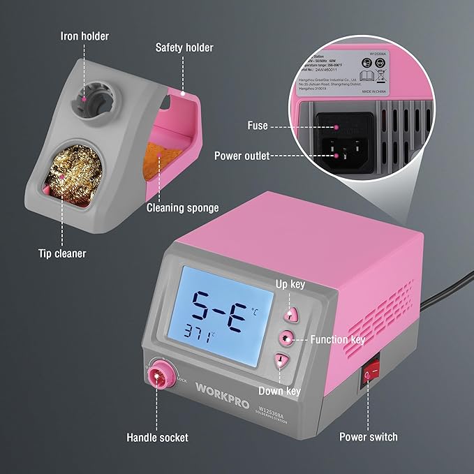WORKPRO Soldering Station, 60W Soldering Iron Kit Digital Display, 5 Extra Iron Tips, Precision Temperature Control Solder Station for Electronic Repair, DIY Enthusiasts - Pink Ribbon