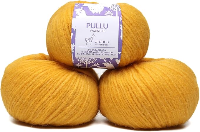 Pullu - Baby Alpaca Merino Wool Yarn Set of 3 Skeins (150 Grams) Worsted Weight - Sourced Directly from Peru - Heavenly Soft and Perfect for Knitting and Crocheting (Golden Yellow)