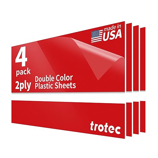 Trotec TroLase | 12"x24"x1/16", 4 Pcs | Gloss Red/White | 2 Ply | Modified Acrylic | Laser Engraving Double Color Plastic Sheet | Engraving Blanks for Laser, Saw, Guillotine | Made in USA