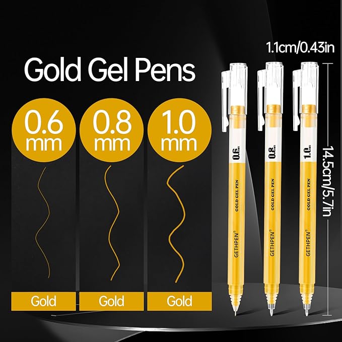 Gold Gel Pens 3-Pack - 0.6/0.8/1.0mm Fine to Bold Tips for Black Paper, Bullet Journaling & Holiday Crafts - Metallic Ink Set for Artists, Card Making & DIY Gifts