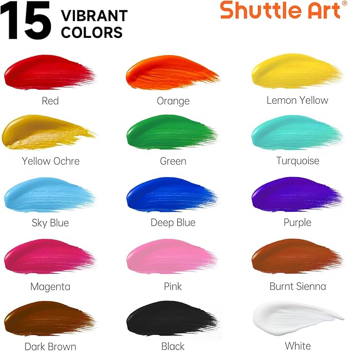 Shuttle Art Acrylic Paint, 15 Colors Acrylic Paint Large Bottle Set, 473ml/16oz Each, Rich Pigments, High Viscosity, Bulk for Artists, Beginners and Kids on Rocks Crafts Canvas Wood