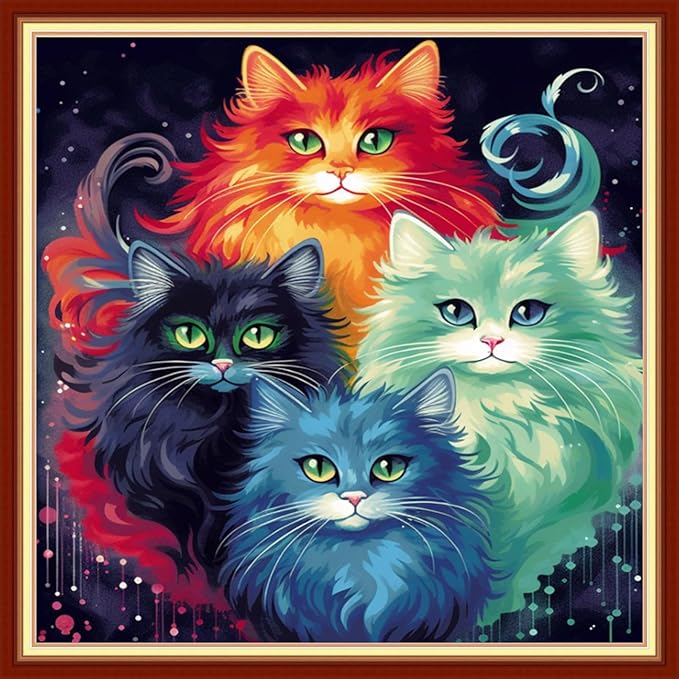 DMCVIVR Stamped Cross Stitch Kits for Adults Beginners Embroidery Kits 11CT Needlepoint Kits Cross Stitch Patterns Embroidery Patterns&Colorful Cat 18x18 inch