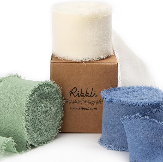 Ribbli Chiffon 1.5 Inch x 30 Yard Handmade Silk Ribbon - Ivory/Sage Green/Dusty Blue Fringe for Wedding Invitations, Bridal Bouquets, Wrapping, Flower Arrangement Decoration