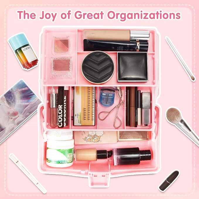 12in Three-Layer Multipurpose Storage Box Organizer Folding Tool Box/Art & Crafts Case/Sewing Supplies Organizer/Medicine Box/Family First Aid Box with 2 Trays (White Pink)