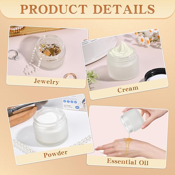 Glass Jars with Lids,Eco-Friendly Cosmetic Containers with Airtight Black Lids & Liners, Multi-Color Options for Cream, Lotion, Body Butter, DIY Skincare Travel Jars (Clear Frosted, 2oz)
