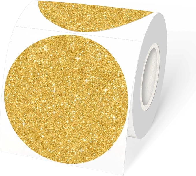 3" Holographic Direct Thermal Label Stickers, Round Printable Rainbow Glitter Thermal Printer Sticker Labels for Gift Wrapping, Self-Adhesive DIY Custom Logo Design- Shiny Gold