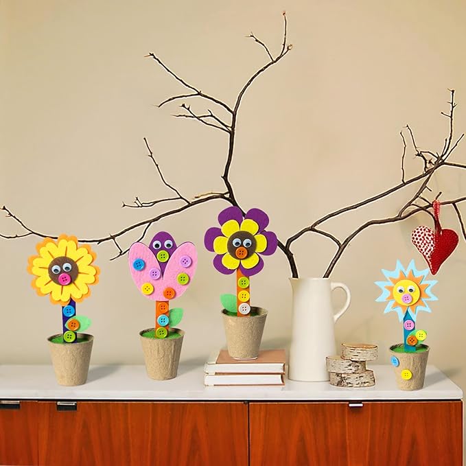 WATINC Mother's Day Spring Felt Flower Craft Kits - Make Your Standing Flowers Gift Crafts with Buttons Flower Pot Decor, DIY Flowers Decorations Home School Fun Activities for Mom Kids (24Pcs)