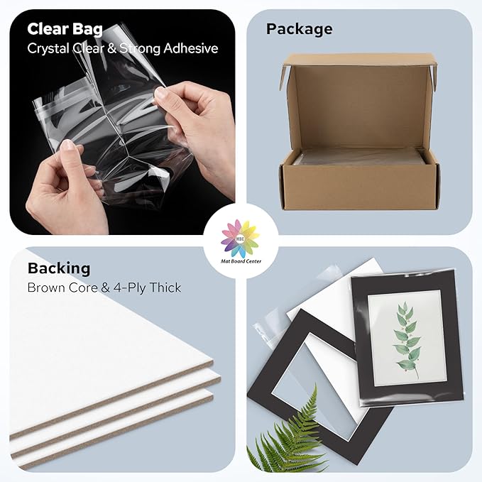 Mat Board Center, Pack of 50, 11x14 for 8x10 Black Mat Kit - Acid Free, 4-ply Thickness, White Core - Includes Backing Boards and Clear Bags - for Pictures, Photos, Framing