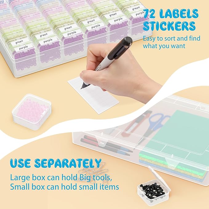 Mathtoxyz Extra Large Bead Organizer, 61 PCS Small Plastic Craft Storage Box with Hinged Lid and Labels Clear Bead Organizers and Storage Boxes for Jewelry, Diamonds, Bracelet Making DIY