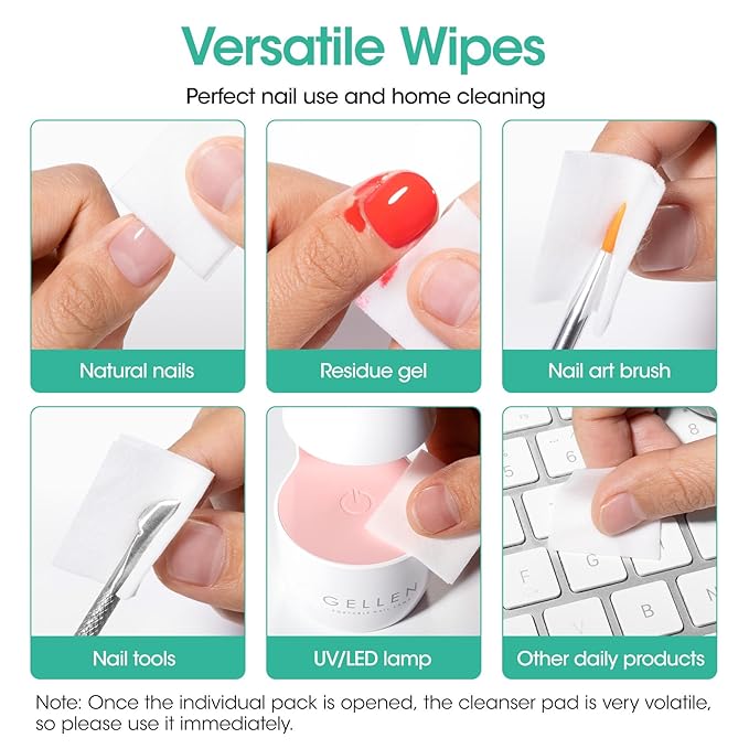 Gellen 400 Pack Nail Cleanser Pads, Alcohol Pads for Nails, Individually Wrapped Nail Prep Pads, Lint-free Tacky Layer Residue Remover Wipes for Acrylic & Builder Gel Polish Press-ons