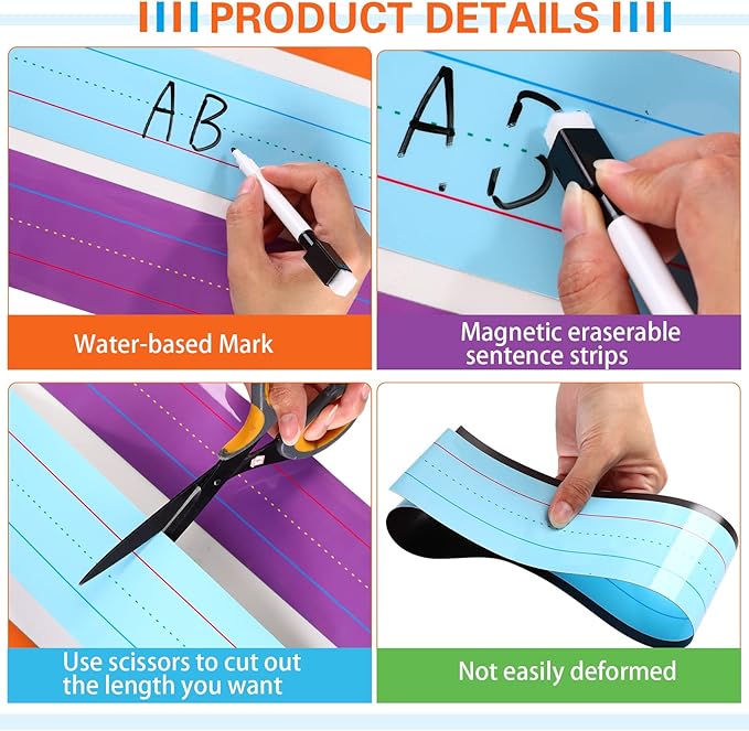 Faccito 12 Pieces Large Magnetic Sentence Strips 3 x 36 inch Dry Erase Sentence Strips Jumbo Multicolor Magnetic Handwriting Paper with Lines for Teacher Whiteboard Classroom School Supplies